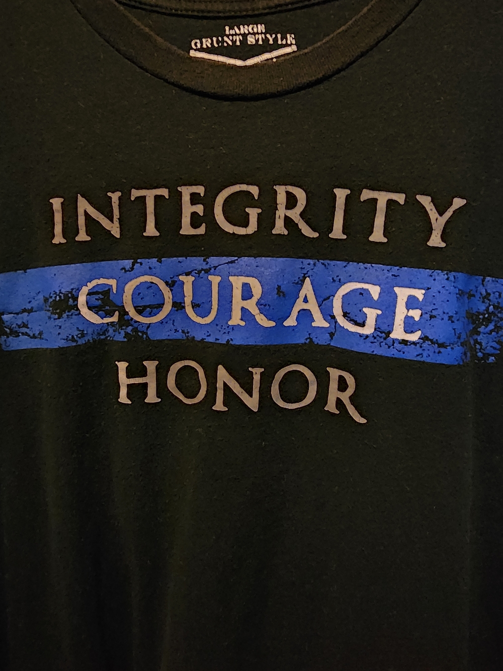 Grunt Style Black Tee with Blue Stripe - INTEGRITY COURAGE HONOR Size Large